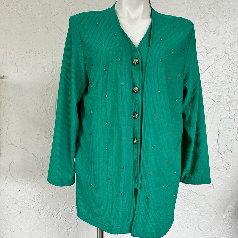 VTG Versatile Green Textured Vest/Jacket All-in-One Top w/Gold Buttons and Studs